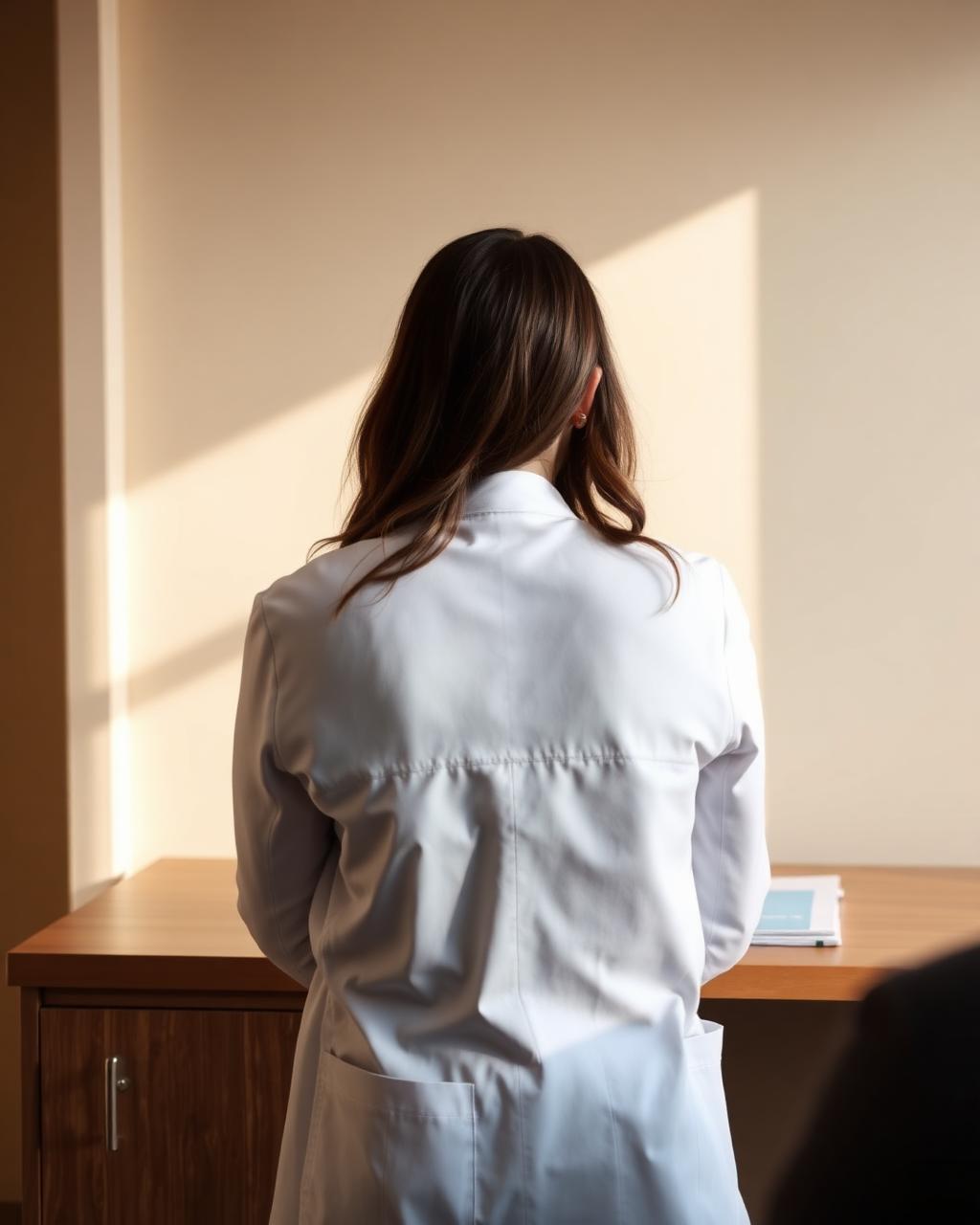 Physician at a consulting desk in warm natural light