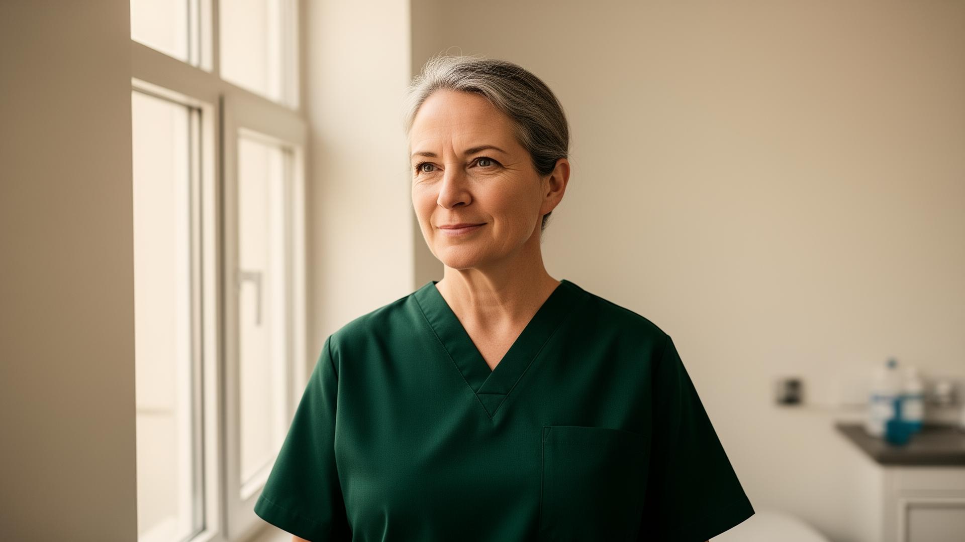 Calm clinical longevity practitioner in soft natural light