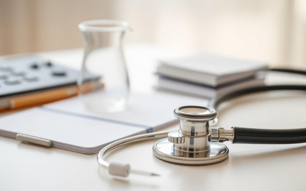 Stethoscope and clinical notes on a softly lit desk