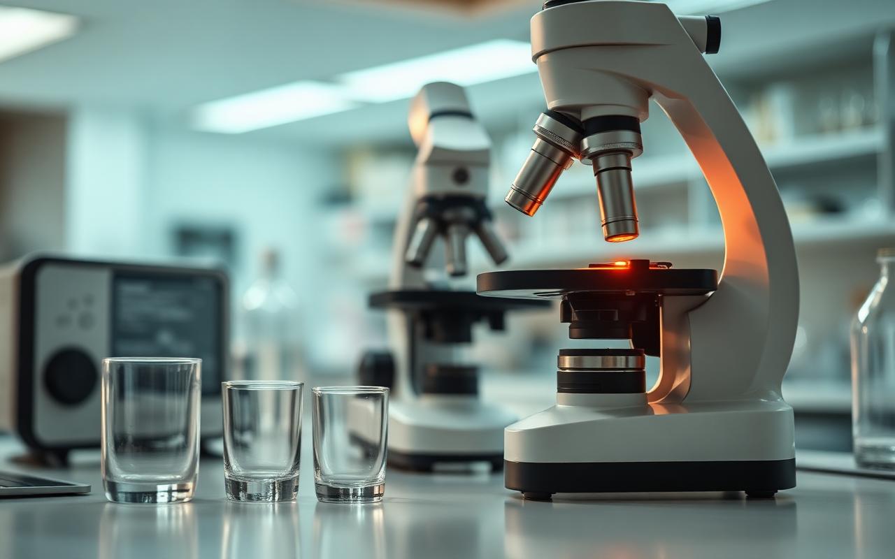 Research microscope and laboratory glassware