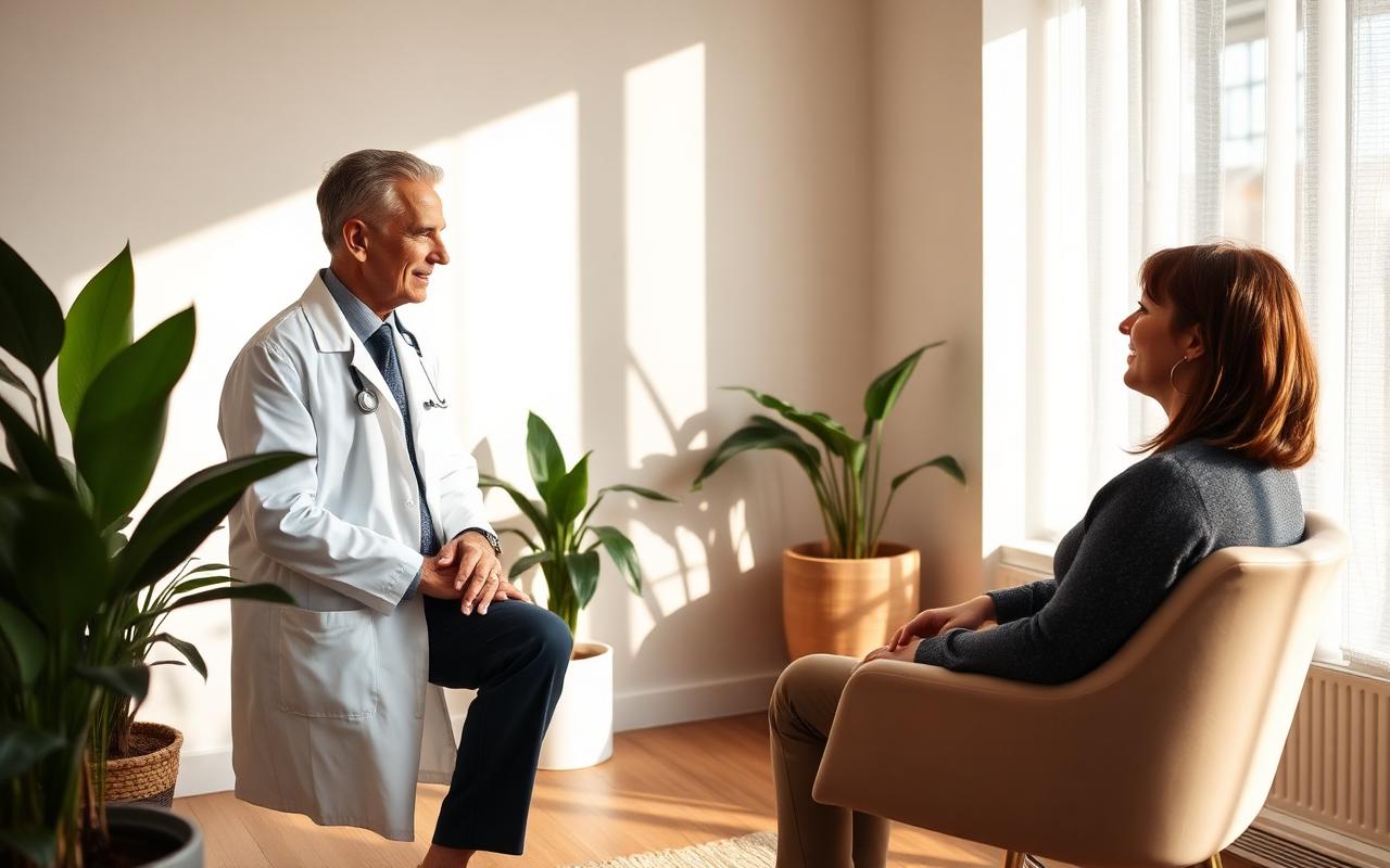 Doctor in conversation with a patient in a sunlit consulting room